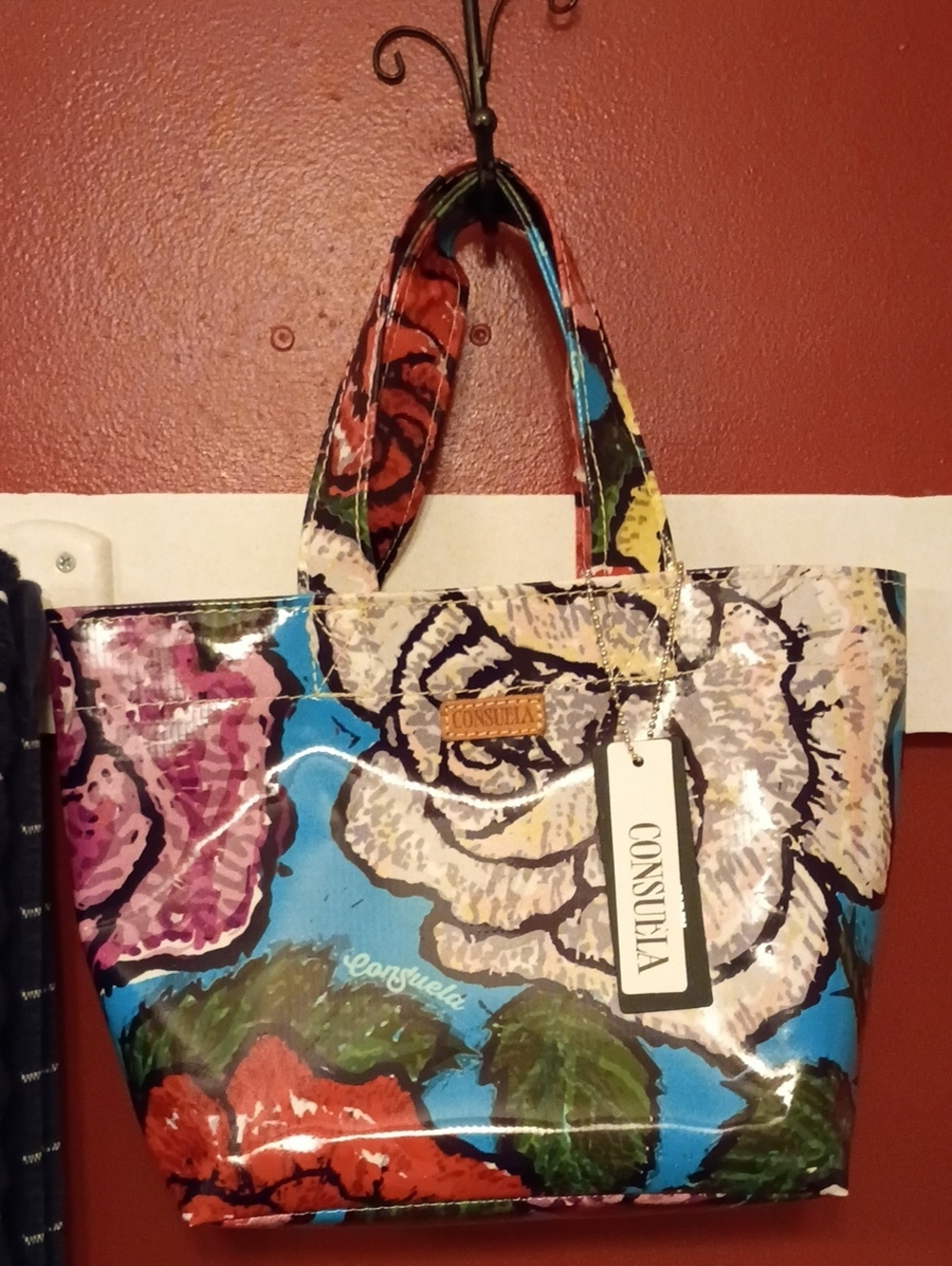Consuela Floral Vinyl Tote — Blue, Red, Green, Pink, Yellow